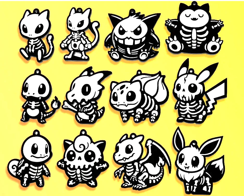 Doce diseños de llaveros de personajes en versión esqueleto